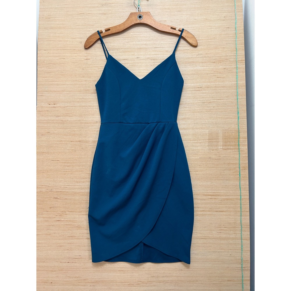 Lulus Teal Blue V-Neck Spaghetti Strap Wrap Tulip Mini Cocktail Dress Small